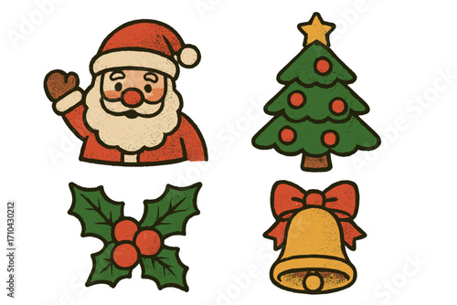 Retro Christmas graphic elements set with halftone texture. Cute naive vector illustrations featuring Santa Claus, tree, holly, and bell for holiday design and decoration.