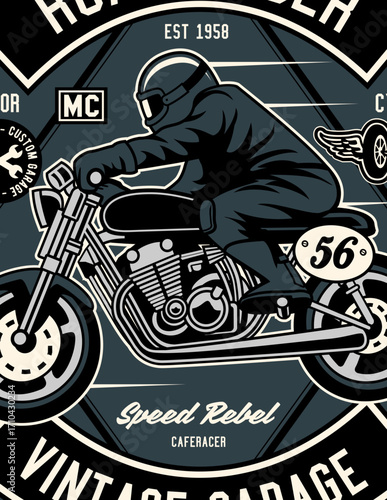 Vintage motorcycle rider in black leather jacket and helmet