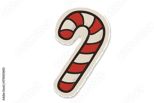 Christmas candy cane sticker. Halftone collage torn paper effect. Retro holiday sweet. Festive magazine cutout scrapbooking element. Vintage vector cartoon illustration.