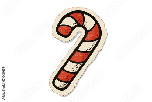 Christmas candy cane sticker in halftone collage style. Festive holiday sweet with torn paper effect. Xmas lollipop graphic element for design. Cut out magazine scrap vector.