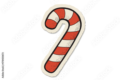Candy cane Christmas halftone collage torn paper sticker. Cut out magazine shape, scrap of paper. Vector cartoon illustration for holiday celebration design element sweet food.