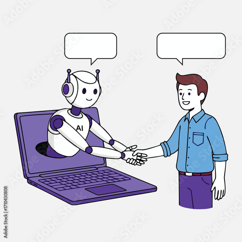 A friendly AI robot shaking hands with a businessman vector illustration