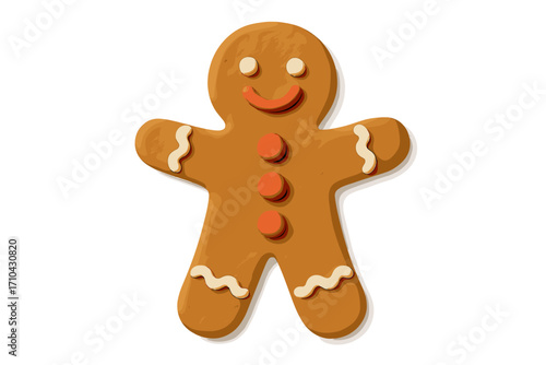 Gingerbread man cookie in cute claymation style. Christmas plasticine figure for holiday design. Festive sweet food character for Xmas celebration, isolated vector element.