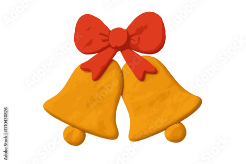Christmas bells with red bow. Clay plasticine 3d icon. Handmade cute children's naive craft. Festive holiday symbol for New Year celebration. Vector cartoon illustration.