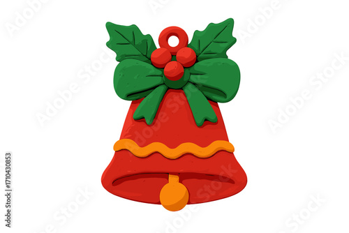 Christmas bell clay ornament. Jingle bell in naive childish style. Isolated plasticine toy decoration. Holiday festive object with holly and bow. Handmade winter decor art.