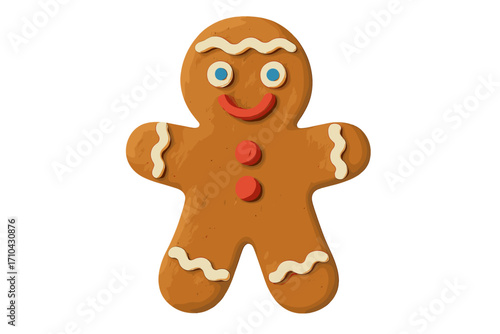Gingerbread man Christmas cookie. Cute holiday character design. Traditional winter sweet food. 3D plasticine modeling. Clay art illustration for kids. Isolated cartoon dessert.