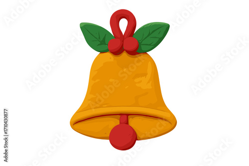 Christmas bell clay element in naive childish style. Jingle bell plasticine toy. Handmade holiday decoration with holly and berry. Isolated vector cartoon illustration. Cute 3D object.