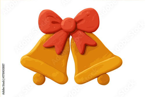 Christmas bells with a red bow. Jingle bells in a cute plasticine style. Holiday decoration element. 3D clay render illustration for festive design. Isolated naive art.