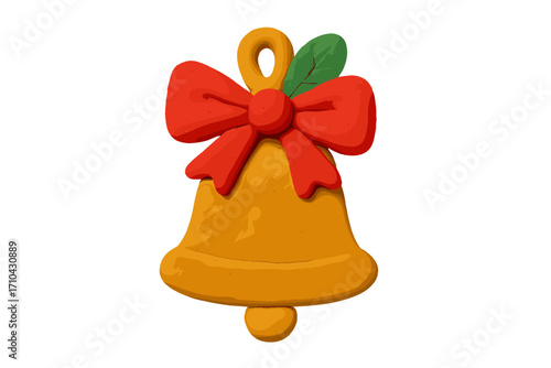 Christmas bell plasticine icon. 3D clay jingle bell with red bow. Xmas holiday decoration. Handmade claymation art. Festive winter symbol. Isolated cartoon vector element.