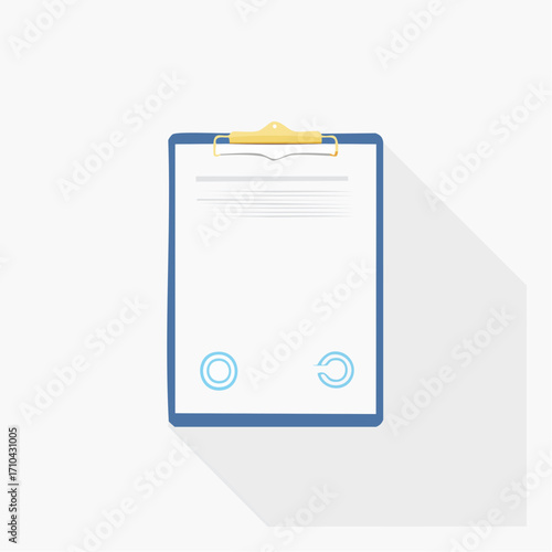 A blue clipboard with a golden clip holds a blank document with two circular design elements at the bottom, casting a long shadow.