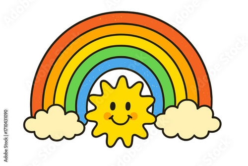 Cute 70s retro rainbow with a smiling sun and clouds. Groovy hippie style vector illustration for a poster or card. Psychedelic vintage art with a positive vibe. Have a nice trip.