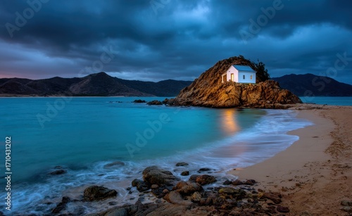 Landscape photography of a small white house on an island in the middle of the beach, turquoise water, rocks and mountains, deep blue sky with clouds and evening light