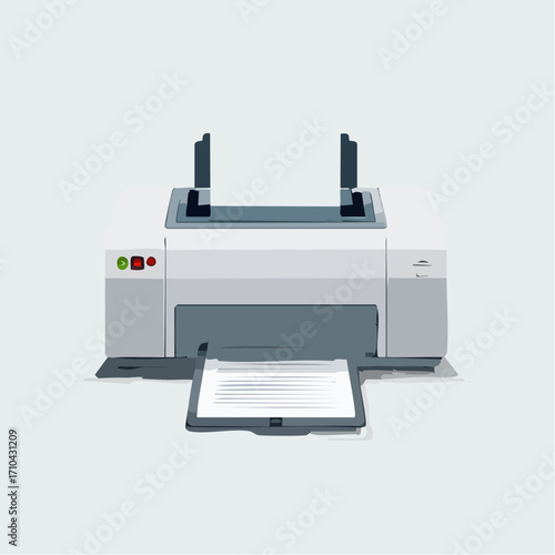 Illustration of a gray and white printer with paper in the output tray, isolated on a white background.