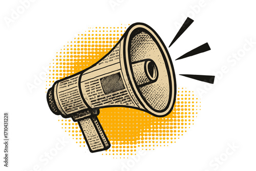 Retro newspaper collage megaphone for news announcement. Vintage comic style bullhorn for sales and promotion. Pop art loudspeaker vector illustration with halftone dots.