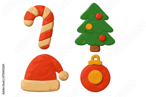 Christmas plasticine 3D icon set. Cute claymation elements: candy cane, Xmas tree, Santa hat, bauble. Handmade modeling clay toy collection for festive winter holiday design.