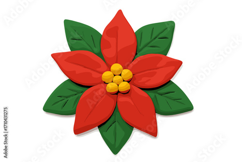 Poinsettia Christmas flower claymation design element. Festive holiday plant in handmade 3D plasticine style. Naive childish craft illustration isolated on white background.