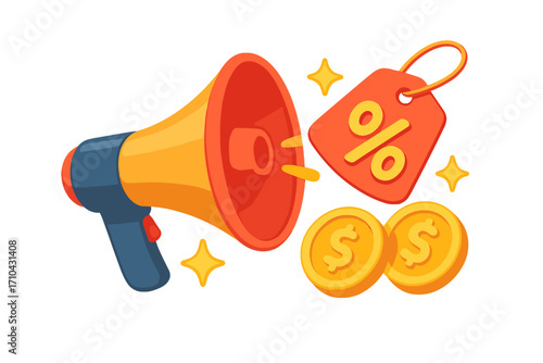 Sale announcement metaphor with 3d megaphone. Promotion, discount, marketing concept. Loudspeaker advertising special offer. Price tag with percent, gold dollar coins vector.