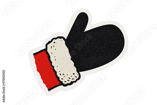 Santa's mitten sticker in collage style. Christmas halftone torn paper cutout for scrapbooking. Festive winter glove cartoon vector. Xmas holiday magazine clipping design.