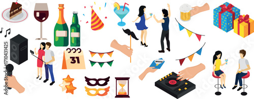 New Year party decoration set with sweets drinks music invitation card cake and festive celebration items