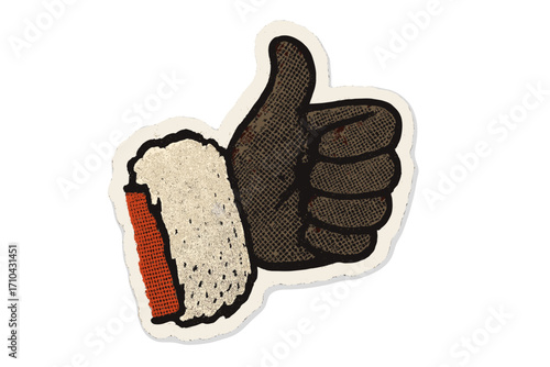 Diverse Santa Claus hand thumbs up. African American Santa like gesture. Christmas collage paper sticker. Retro halftone vector for holiday greeting, approval, success.