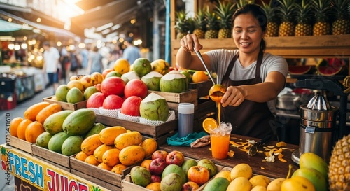 A smiling vendor prepares a fresh juice at a vibrant fruit stand in a bustling outdoor market.