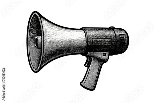 Electric megaphone in retro halftone style. Loudspeaker for announcement, protest, or communication. Vintage black and white engraving art for mixed media or collage design.