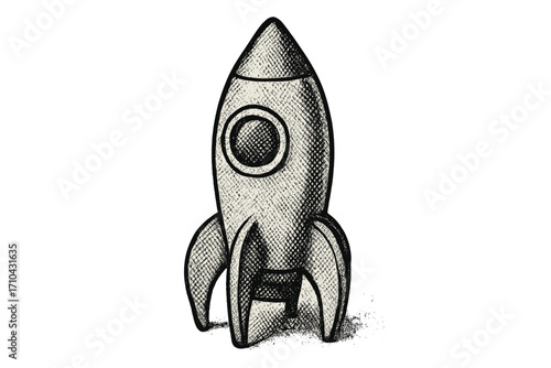 Retro rocket launch vector illustration. Halftone comic style spaceship icon for startup business concept. Space travel symbol for success, innovation, project start and idea.