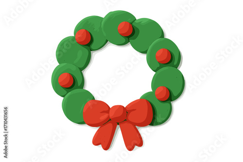 Clay Christmas wreath with red bow. Plasticine 3d modeling craft. Handmade festive holiday decoration. Naive childish style for winter celebration. Isolated vector illustration.