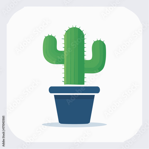 Vector illustration of a vibrant green saguaro cactus in a dark blue pot, symbolizing desert flora and arid environments
