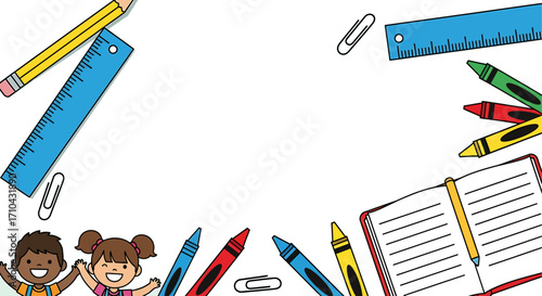 Joyful children framed by colorful school supplies, symbolizing the excitement of back to school, early education, and the beginning of a vibrant learning adventure for young students