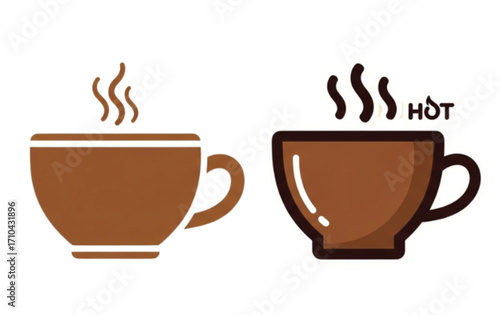 Two brown coffee cups with rising steam, indicating hot beverages, one explicitly labeled 'HOT' in a simple graphic style.