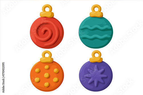 Set of Christmas tree ball ornaments. Cute 3D plasticine render in claymation style. Naive childish handmade craft toy. Colorful holiday decoration with winter patterns.