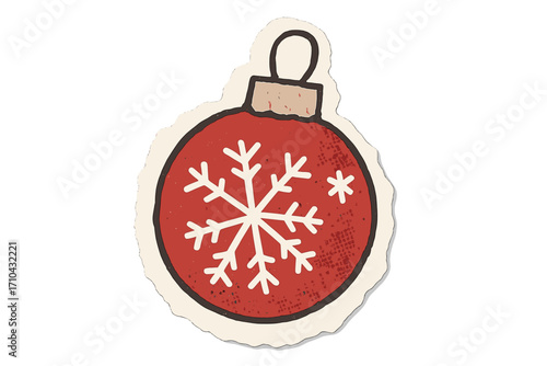 Christmas ornament vector illustration in a torn paper collage style. Red bauble with snowflake decor. Cartoon cutout sticker for festive holiday design and scrapbooking.