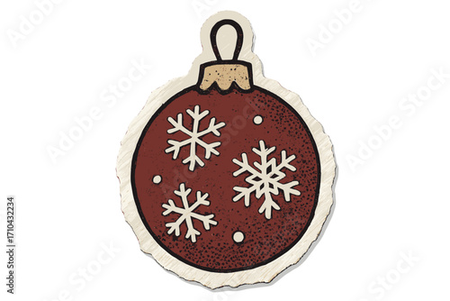Christmas tree bauble with snowflakes. Festive holiday decoration in a halftone collage style. Torn paper sticker effect, like a vintage magazine or scrapbook clipping. Cartoon vector.