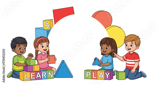 Children Learning and Playing with Colorful Blocks and Shapes