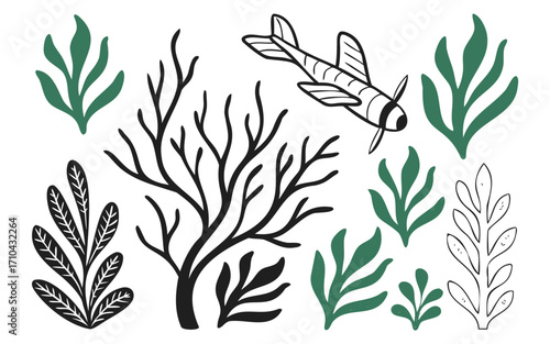 Black and White Plant and Leaf Icon Collection