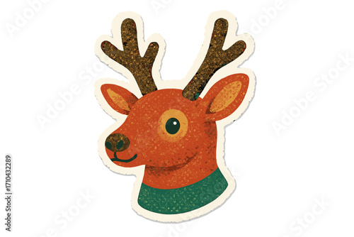 Reindeer head vector illustration in naive collage style. Christmas torn paper sticker with vintage halftone texture. Cute cartoon character clay toy. Xmas holiday design element.
