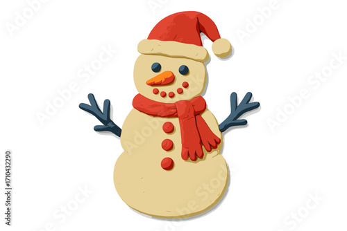 Cute snowman in Santa hat. Christmas character in claymation style. Plasticine 3D holiday element. Funny winter toy illustration for kids. Isolated craft on white background.