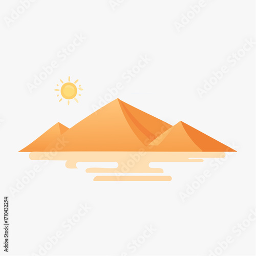Simple illustration of desert sand dunes reflecting in water with a sun.