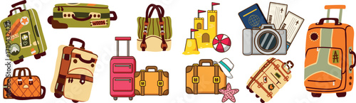 Summer travel sticker set with suitcase rucksack briefcase and hand luggage elements isolated on transparent background