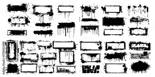 Hand-drawn grunge calligraphy ink strokes set with splatter effects, rough textured lines, abstract artistic brushes, vintage distressed design.