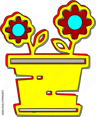 vector, Brightly colored flower pot with stylized flowers and leaves  
