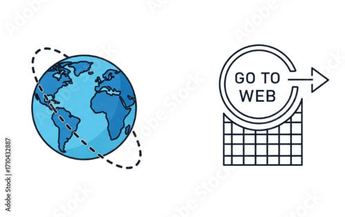 Illustration depicting a globe with an orbit and a 'Go to Web' icon, symbolizing online access.