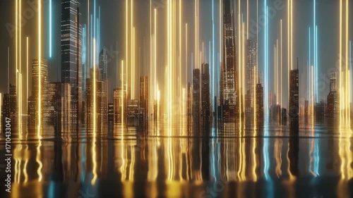 A futuristic city skyline with abstract lighting effects.