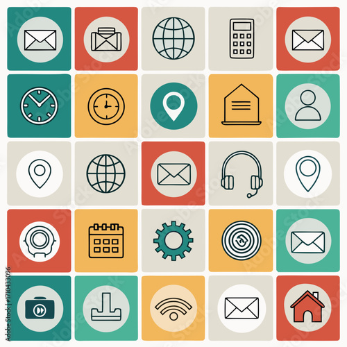 A vector icon set for web and mobile applications featuring flat design symbols for communication, media, and business