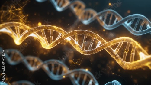 3D representation of a DNA double helix structure with glowing elements.