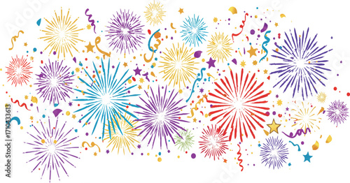 Bright fireworks and confetti explosion for celebration graphics, New Year designs, and event promotions