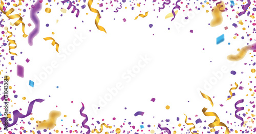 Vibrant celebration frame of confetti and streamers for party invites, social posts, and printable designs