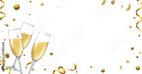 Champagne glasses with gold confetti and streamers for celebration banners, wedding invites, and party ads