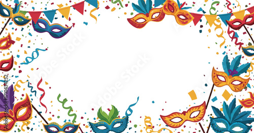 Carnival mask frame with confetti and streamers for festive invitations, masquerade promotions, and prints
